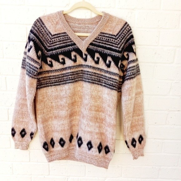 Source Unknown Other - ALPACA Fair Isle Sweater in Tan with Black Aztec design.